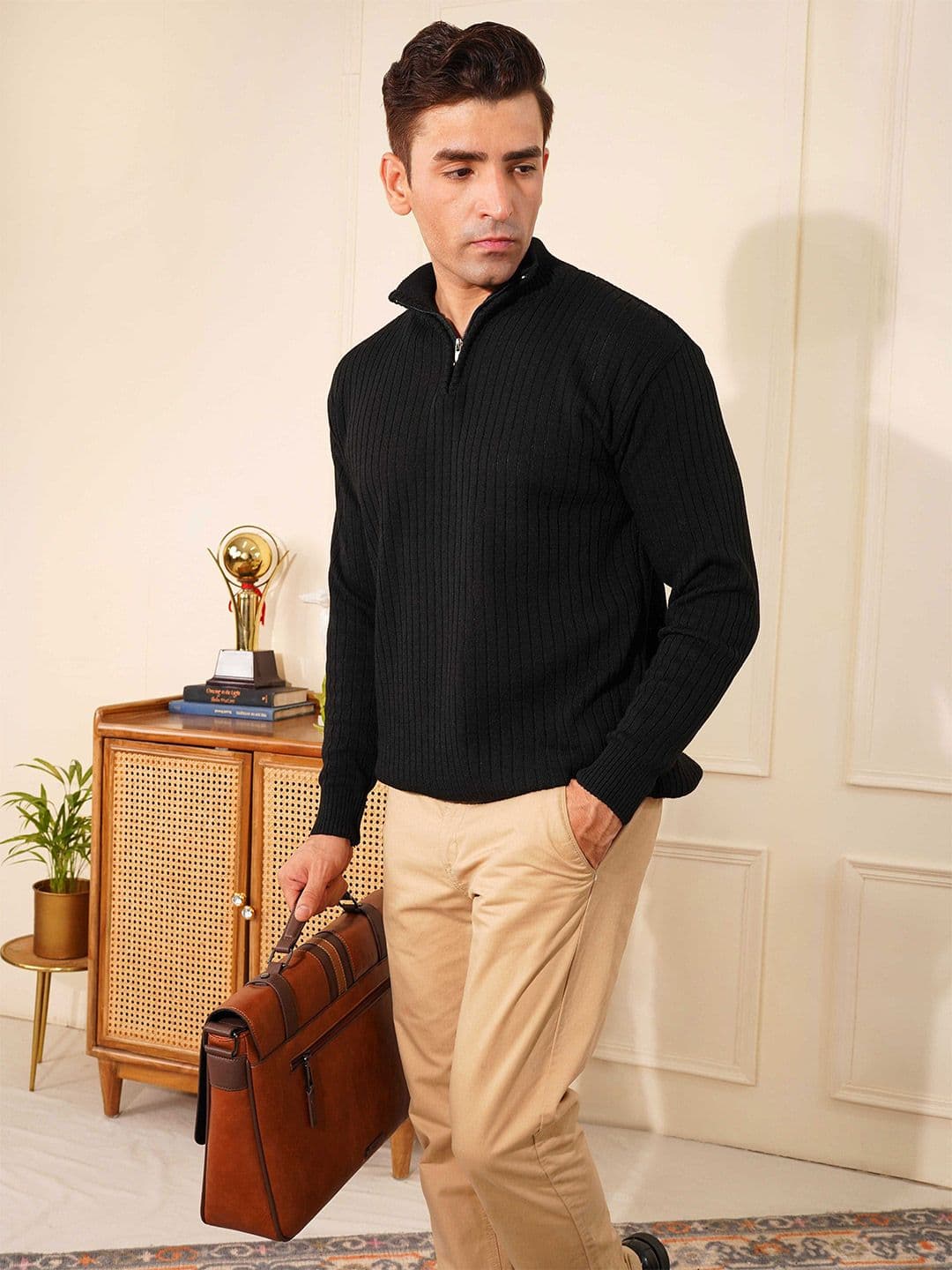 KVETOO Ribbed High Neck Half Zipper Pullover - view 1