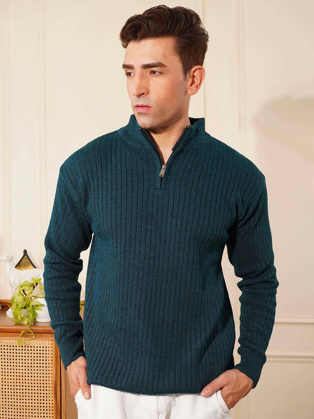 Kvetoo Wool Men Ribbed Long Sleeve High Neck Half Zipper Sweater - view 1