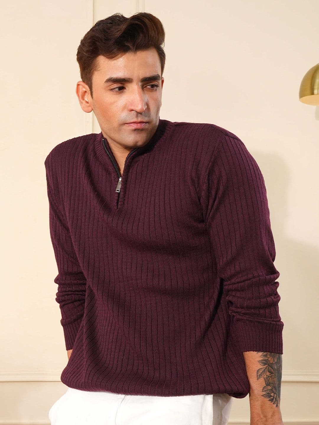 KVETOO Men Ribbed Wool High Neck Zipper Pullover - view 1