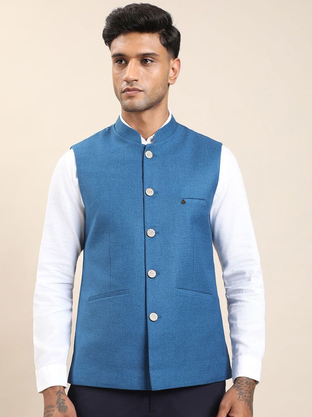 Turtle Self-Design Slim-Fit Pure Cotton Woven Nehru Jacket - view 1
