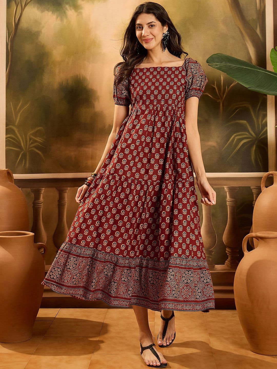 Sangria Women Ethnic Motifs Printed Gathered Cotton Empire Dress - view 1