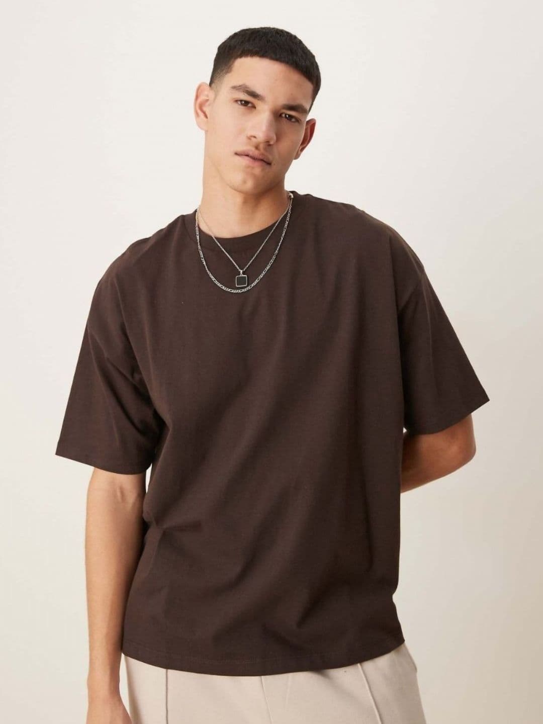SMAN Oversized Brown Cotton T-shirt with Drop-Shoulder Sleeves - view 1