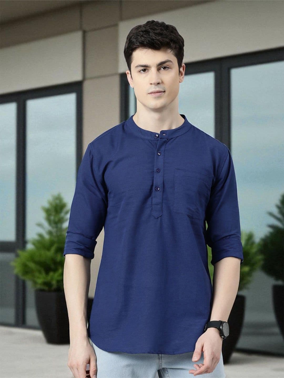 Kryptic Mandarin Collar Pure Cotton Pocket Long Sleeves Short kurta - view 1