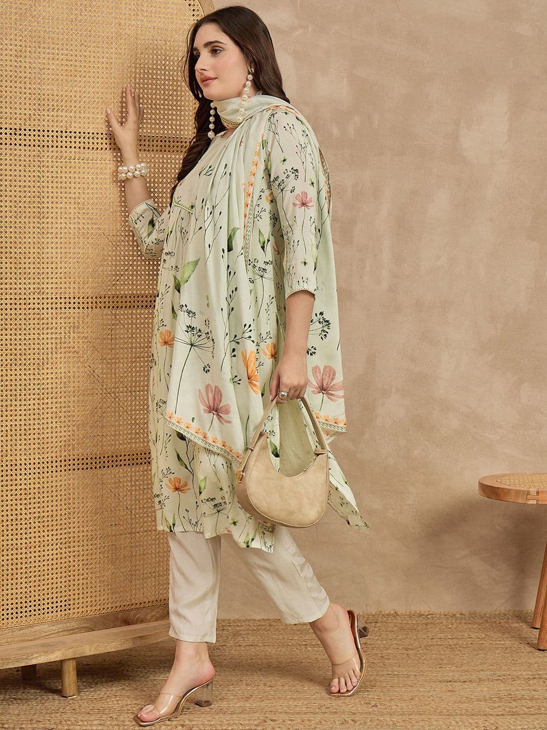 HERE&NOW Women Floral Printed A-Line Kurta with Trouser & Dupatta - view 1