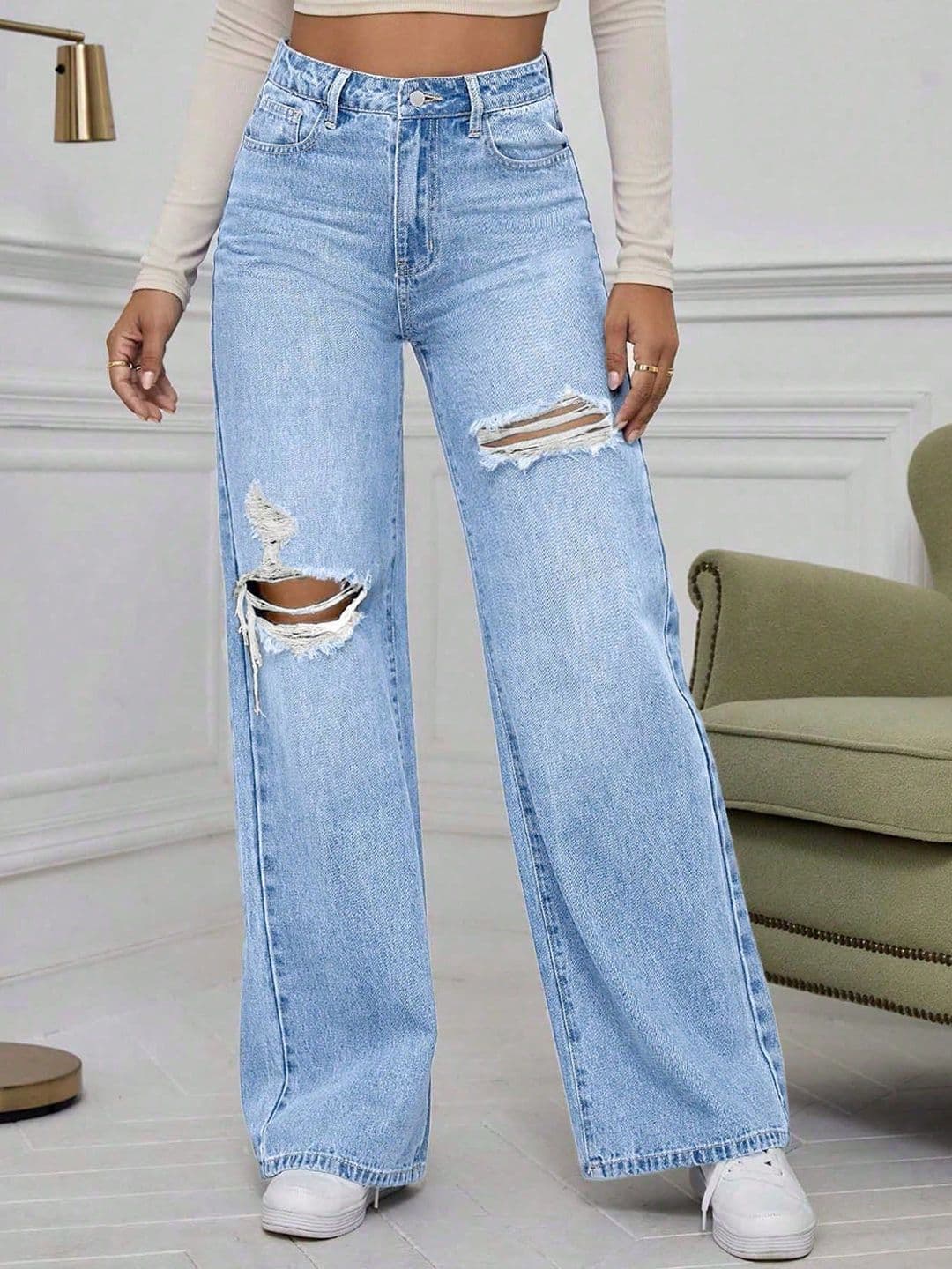 Outzidr Women Mid-Rise Slash Knee Light Fade Baggy Jeans - view 1