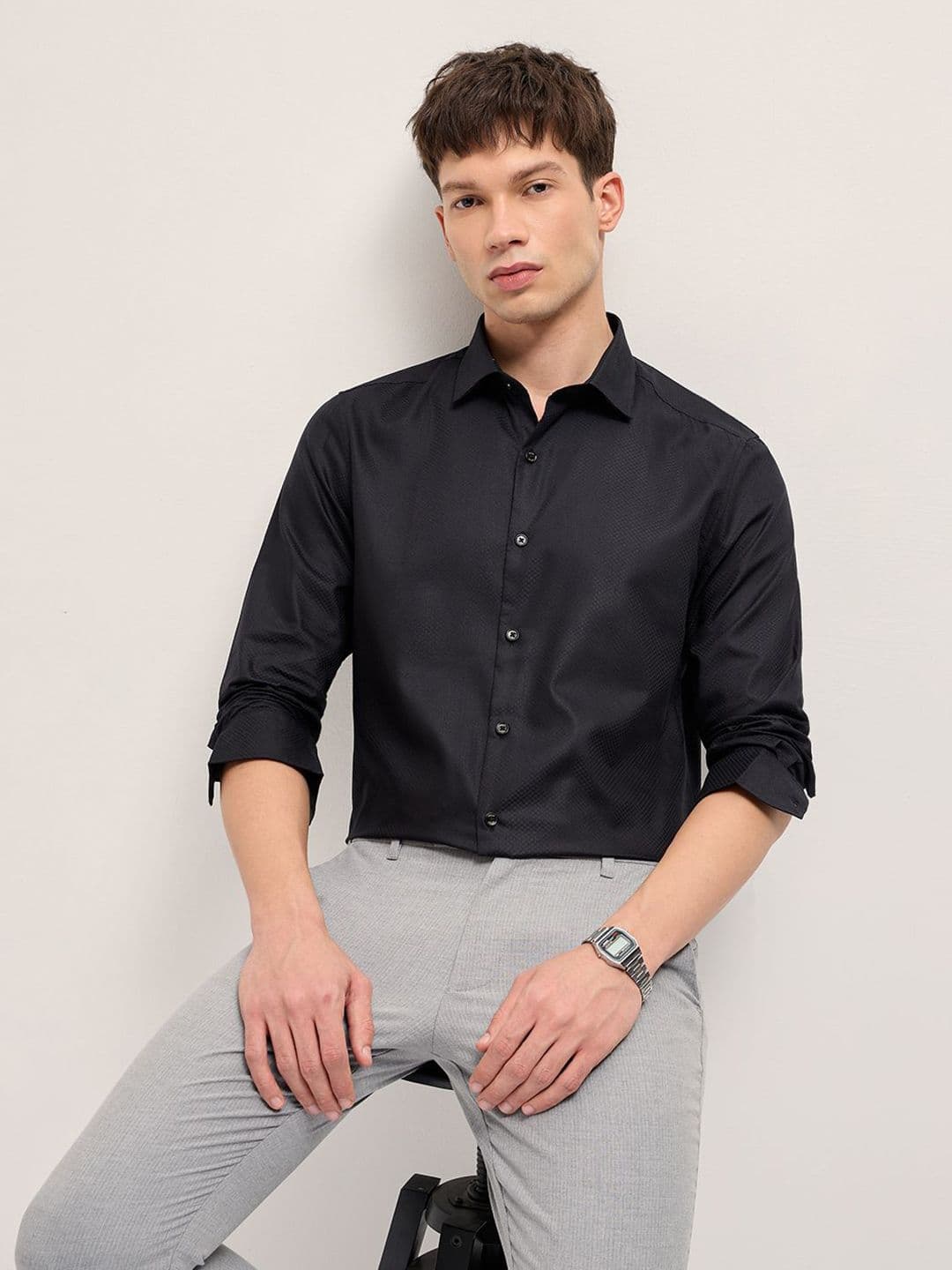 THE BEAR HOUSE Men Textured Spread Collar Formal Shirt - view 1