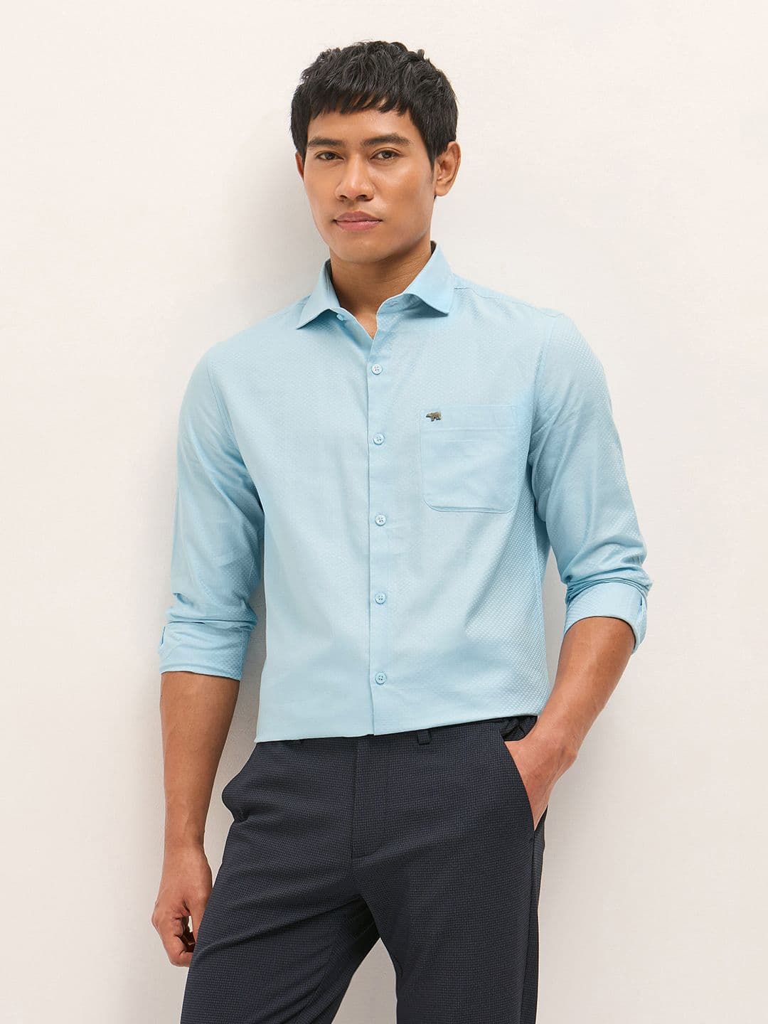 THE BEAR HOUSE Men Textured Spread Collar Pure Cotton Formal Shirt - view 1