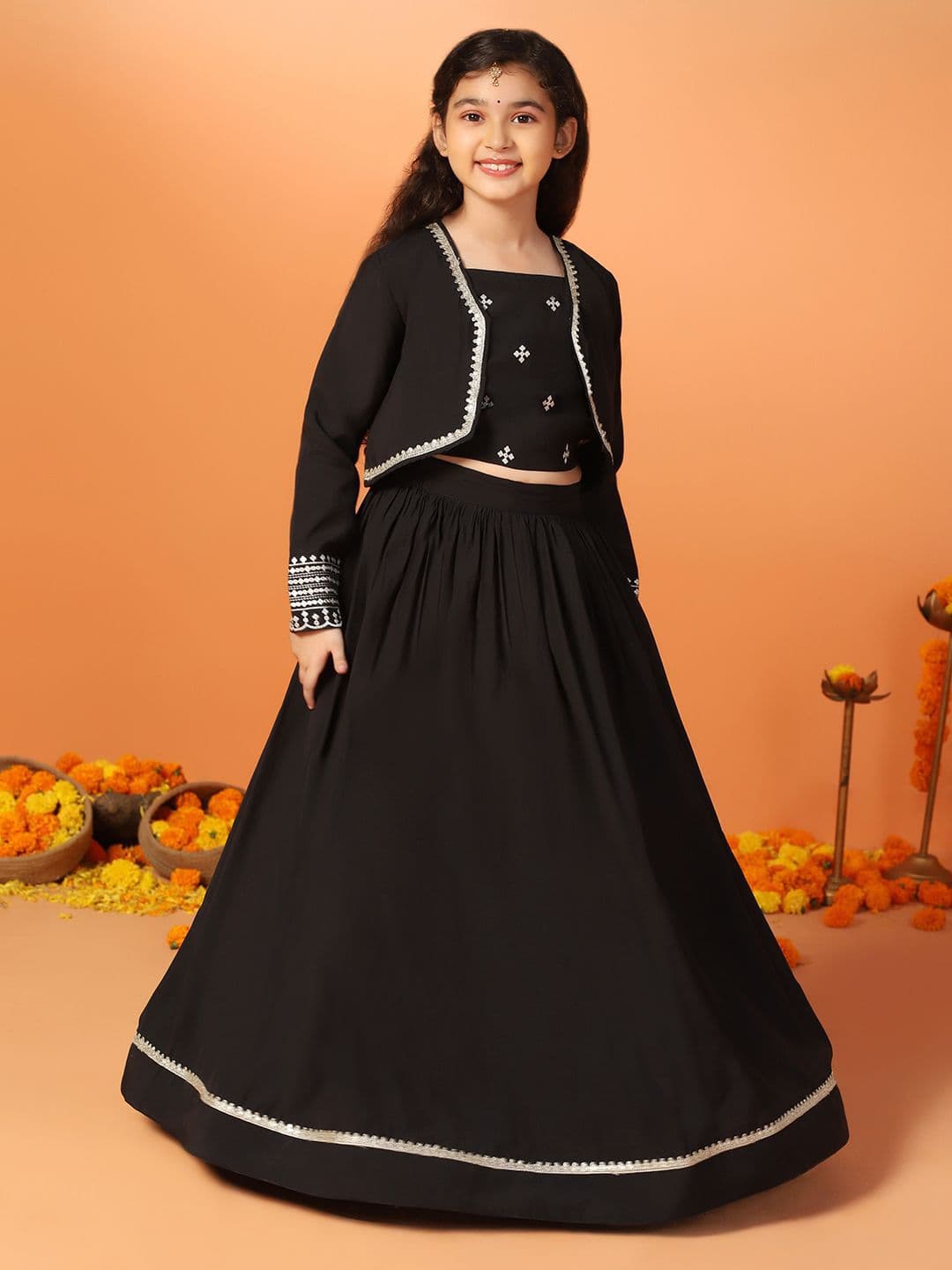Sangria Girls Embroidered Readymade Lehenga & Choli with Embroidered Jacket Set - view 1