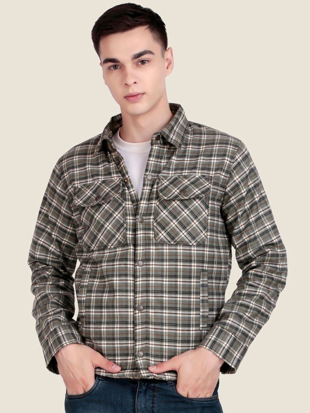Leather Retail Checked Spread Collar Woollen Lightweight Tailored Jacket - view 1