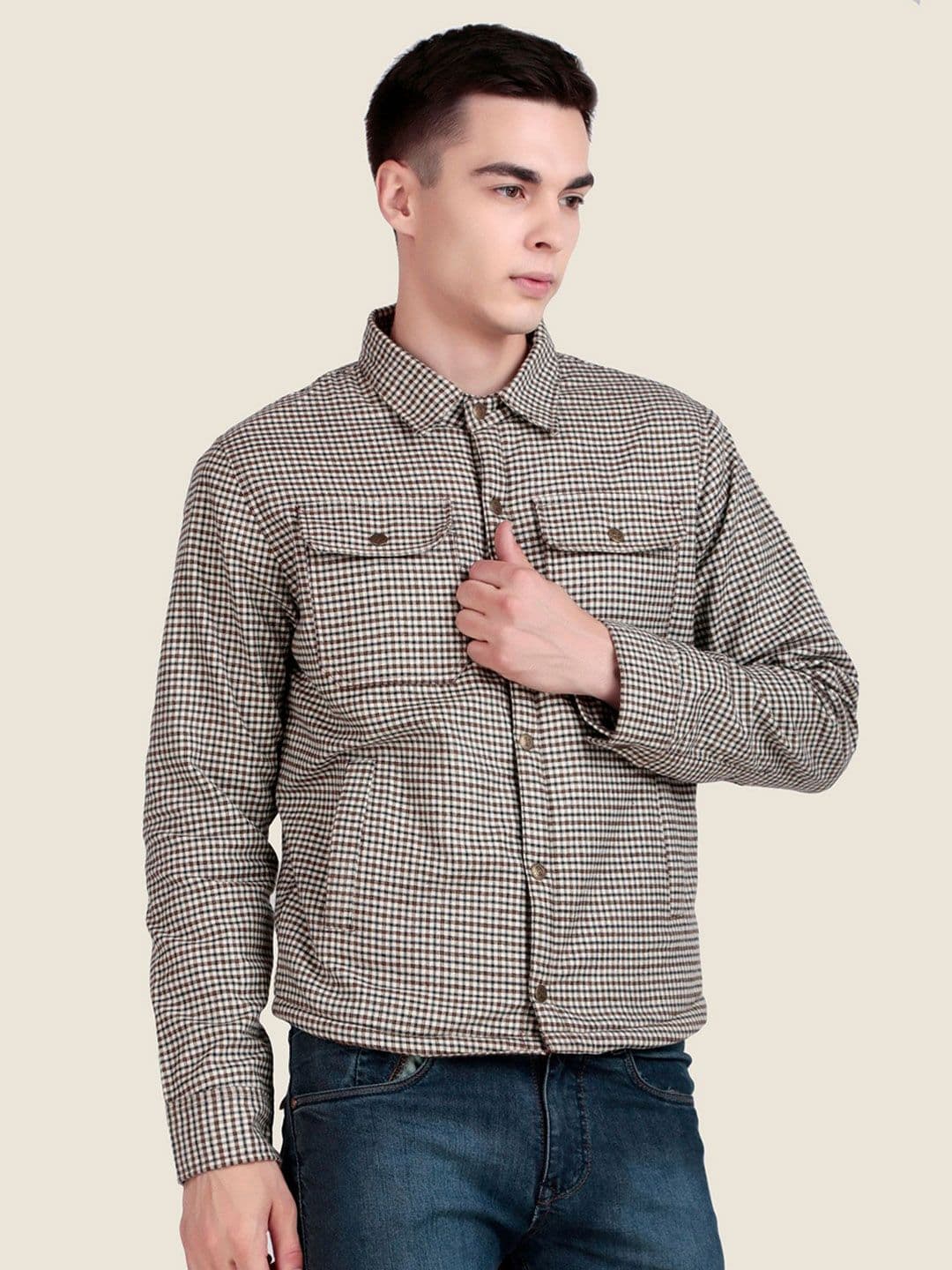 Leather Retail Men Spread Collar Checked Lightweight Woollen Tailored Jacket - view 1