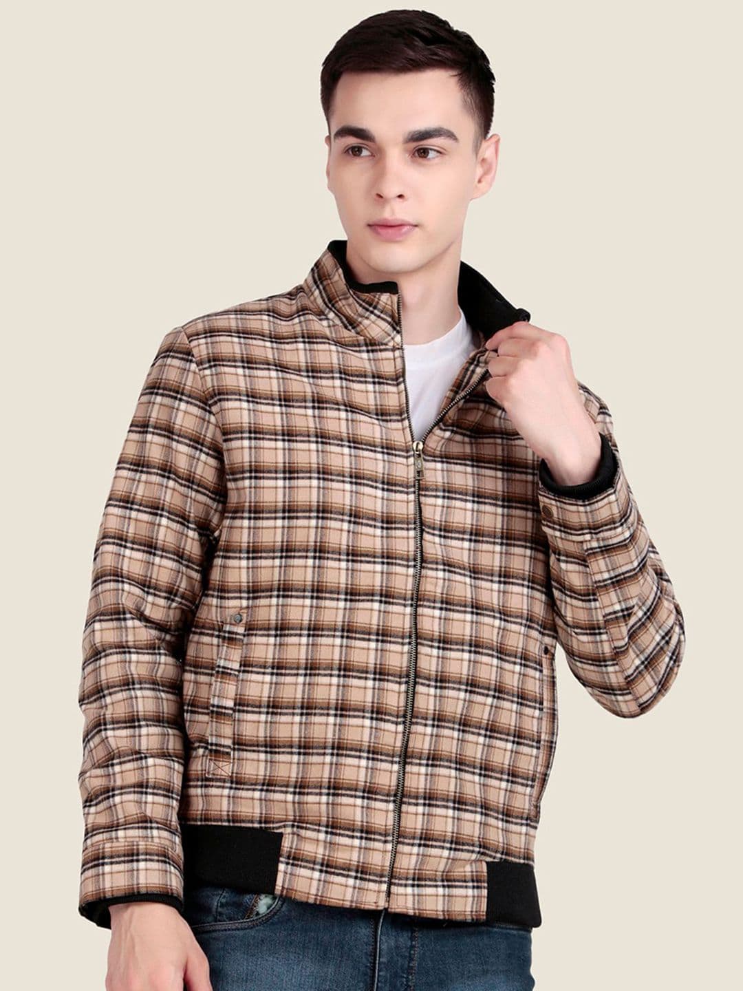 Leather Retail Men Mock Collar Checked Lightweight Woollen Tailored Jacket - view 1