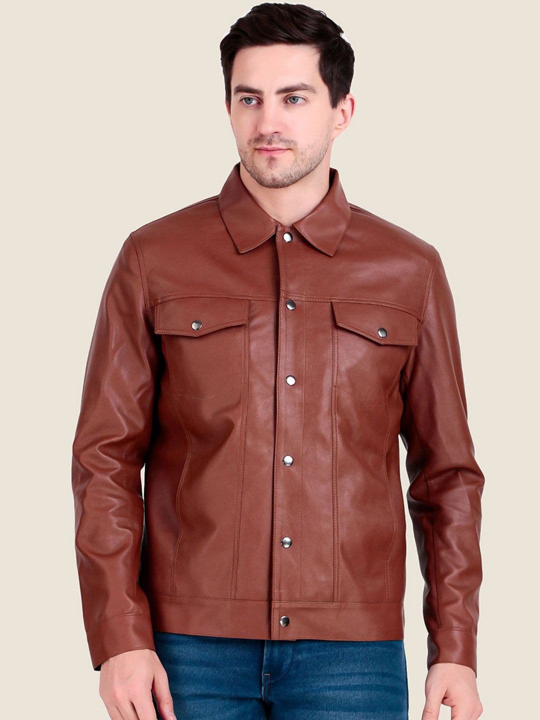 Leather Retail Men Spread Collar Solid Lightweight Leather Jacket - view 1
