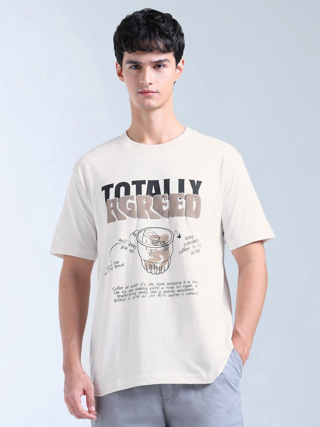 Flying Machine Typography Printed Round Neck Drop-Shoulder Sleeves Pure Cotton T-shirt - view 1