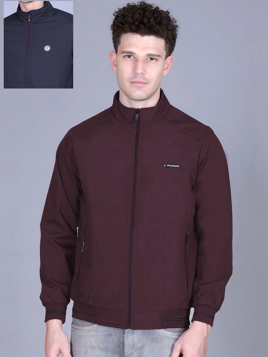 MOUNTAIN COLOURS Men Mock Collar Solid Reversible Bomber Jacket - view 1