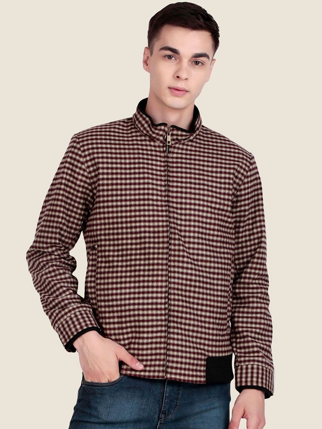 Leather Retail Men Mock Collar Checked Lightweight Woollen Bomber Jacket - view 1