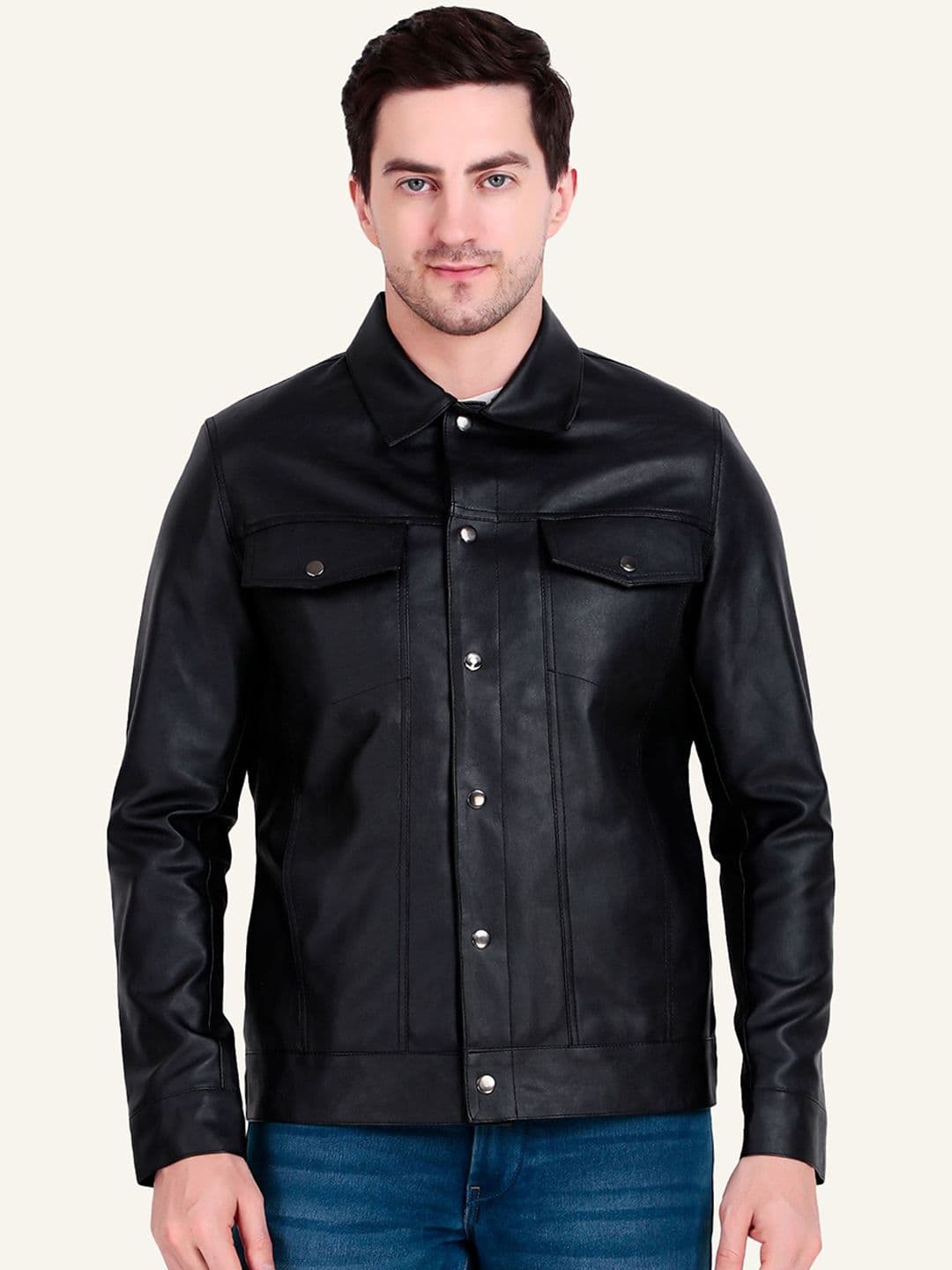 Leather Retail Men Spread Collar Solid Lightweight Leather Jacket - view 1