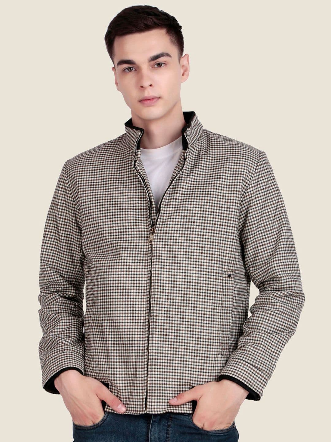Leather Retail Men Mock Collar Checked Lightweight Woollen Tailored Jacket - view 1