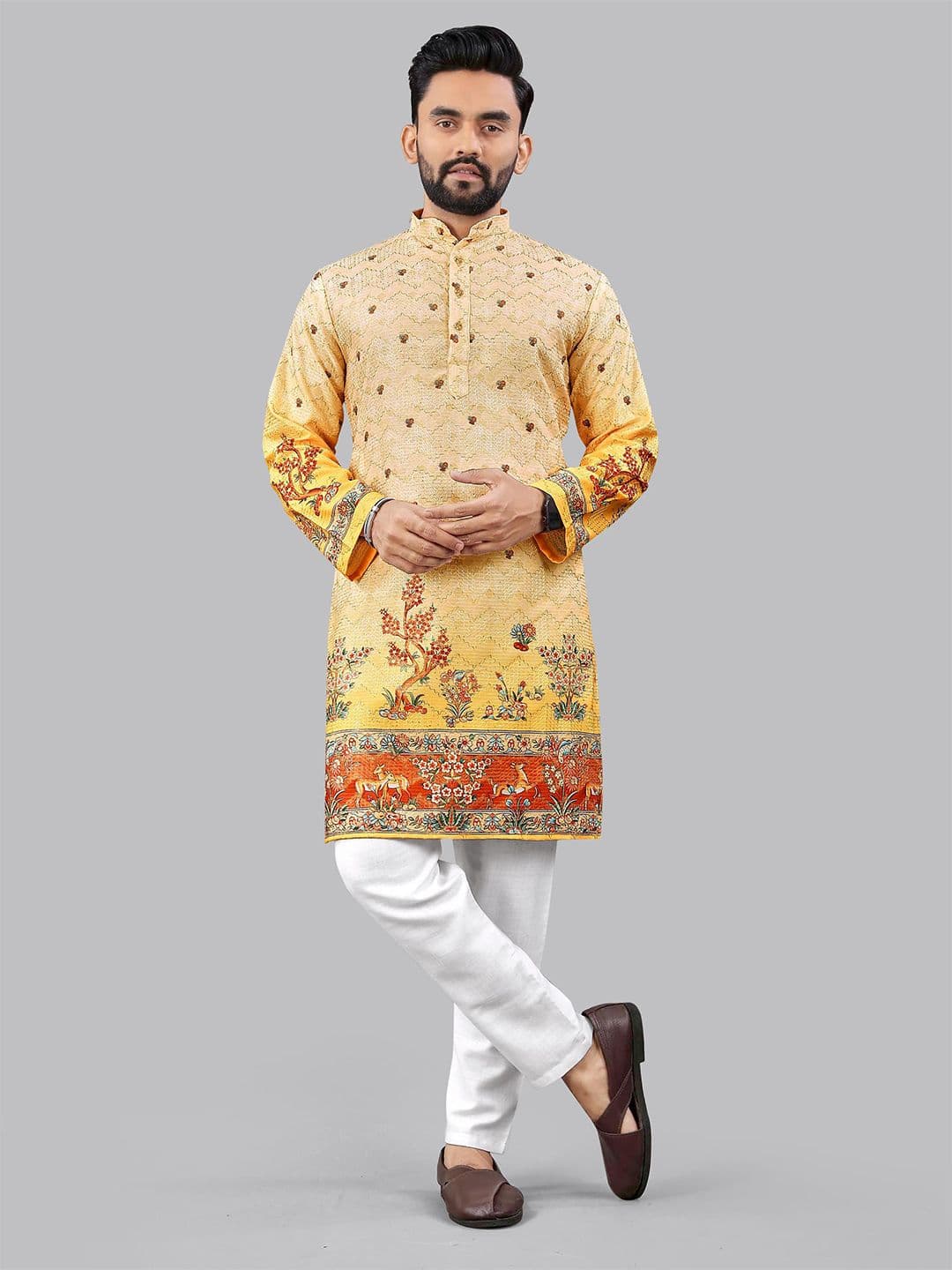 CHARLOTTE GRACIOUS Floral Printed Band Collar Sequinned Straight Kurta - view 1