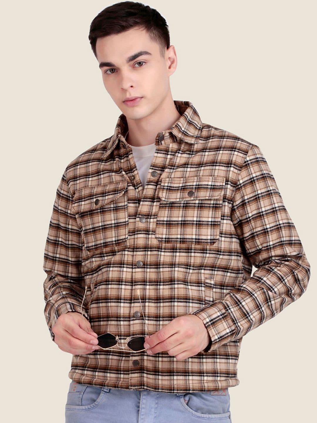 Leather Retail Men Spread Collar Checked Lightweight Woollen Tailored Jacket - view 1