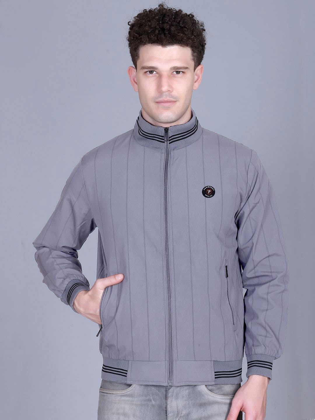 MOUNTAIN COLOURS Men Mock Collar Striped Windcheater Bomber Jacket - view 1