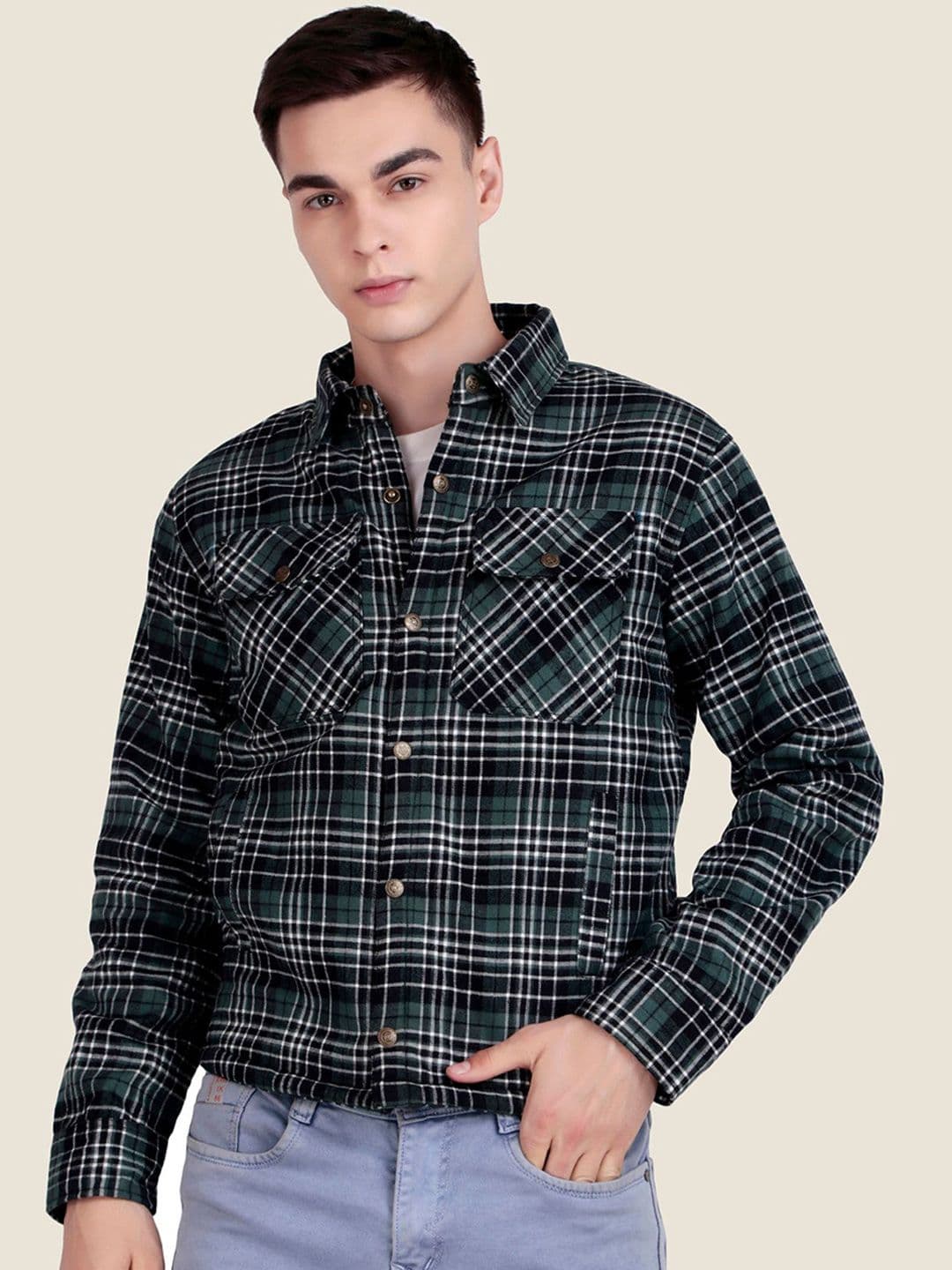 Leather Retail Men Spread Collar Checked Lightweight Woollen Tailored Jacket - view 1