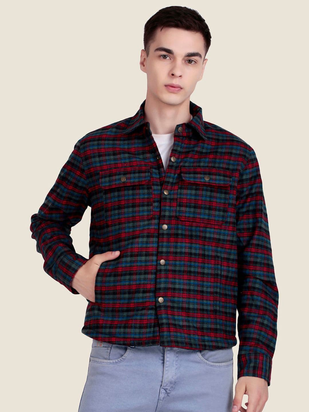 Leather Retail Men Spread Collar Checked Lightweight Woollen Tailored Jacket - view 1