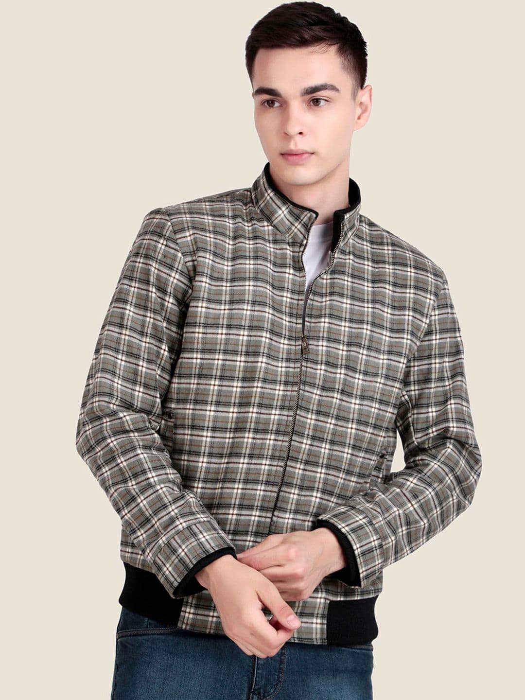 Leather Retail Men Mock Collar Checked Lightweight Woollen Bomber Jacket - view 1