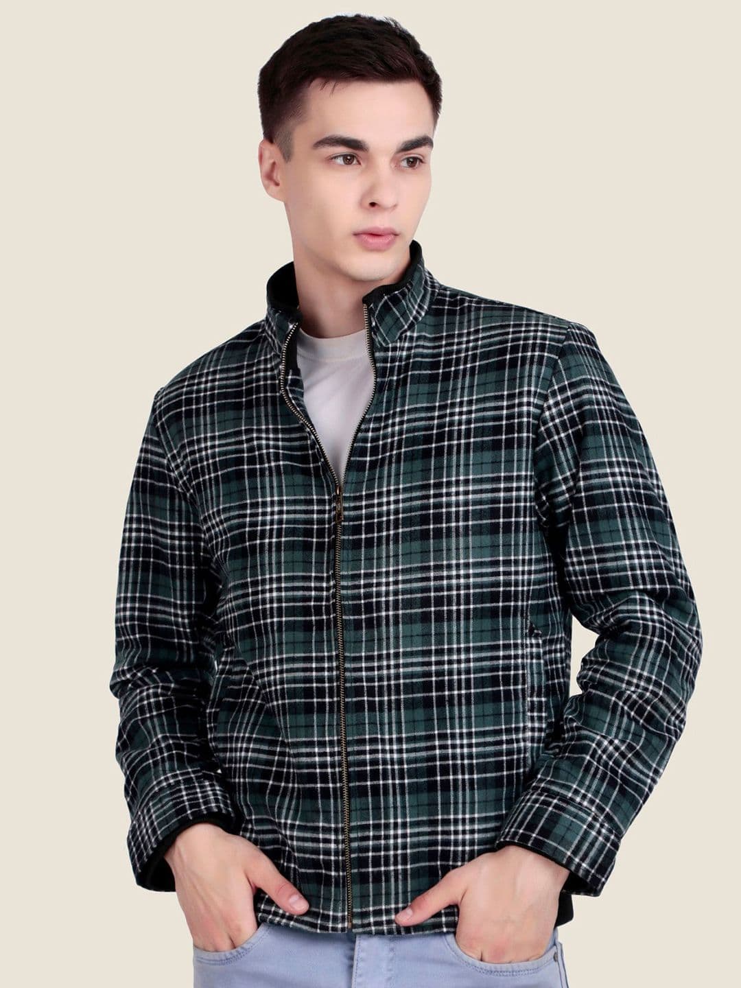 Leather Retail Men Mock Collar Checked Lightweight Woollen Bomber Jacket - view 1
