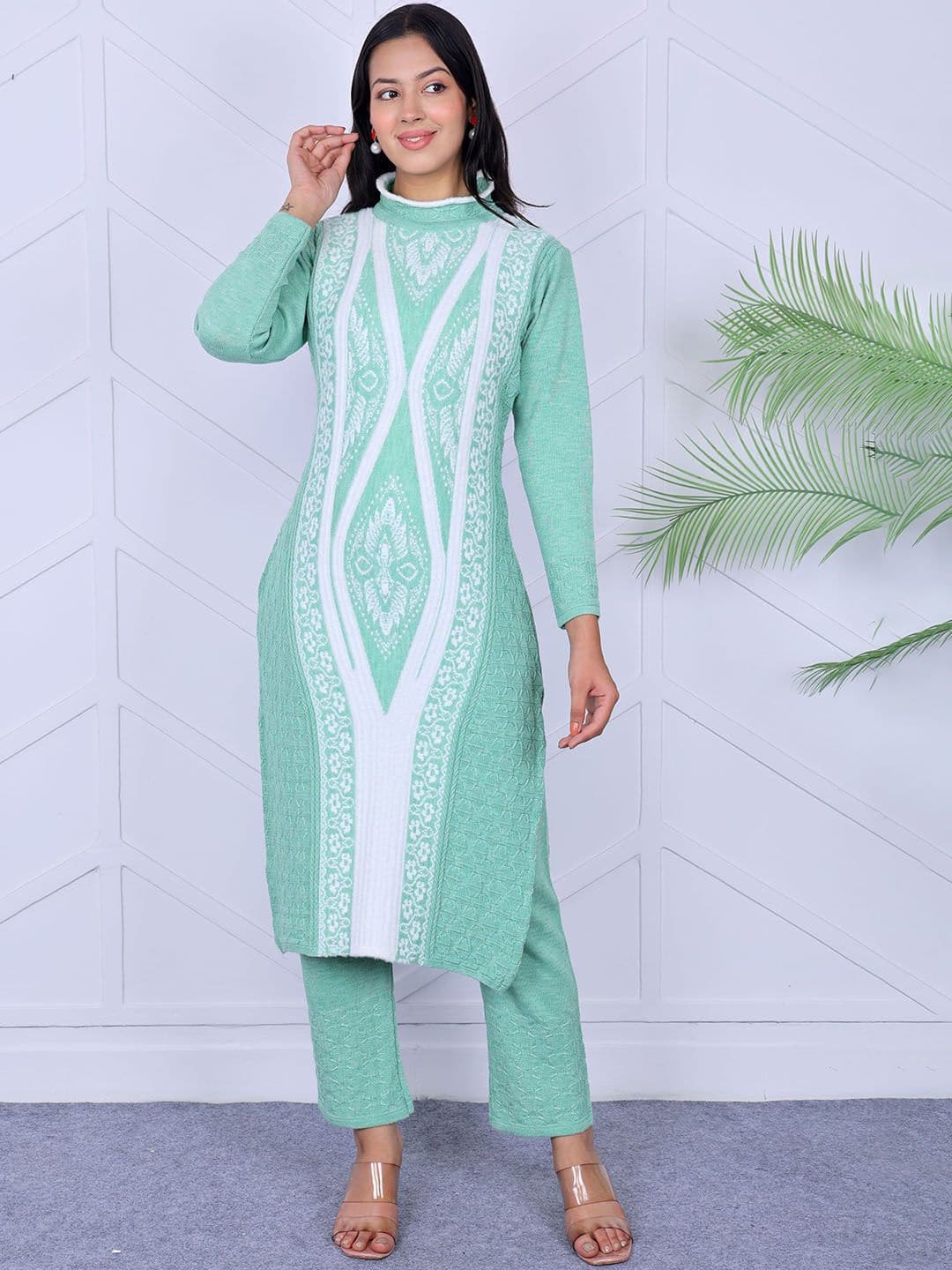 KNITZY Floral Woven Design Round Neck Pure Woollen Kurta With Trousers - view 1