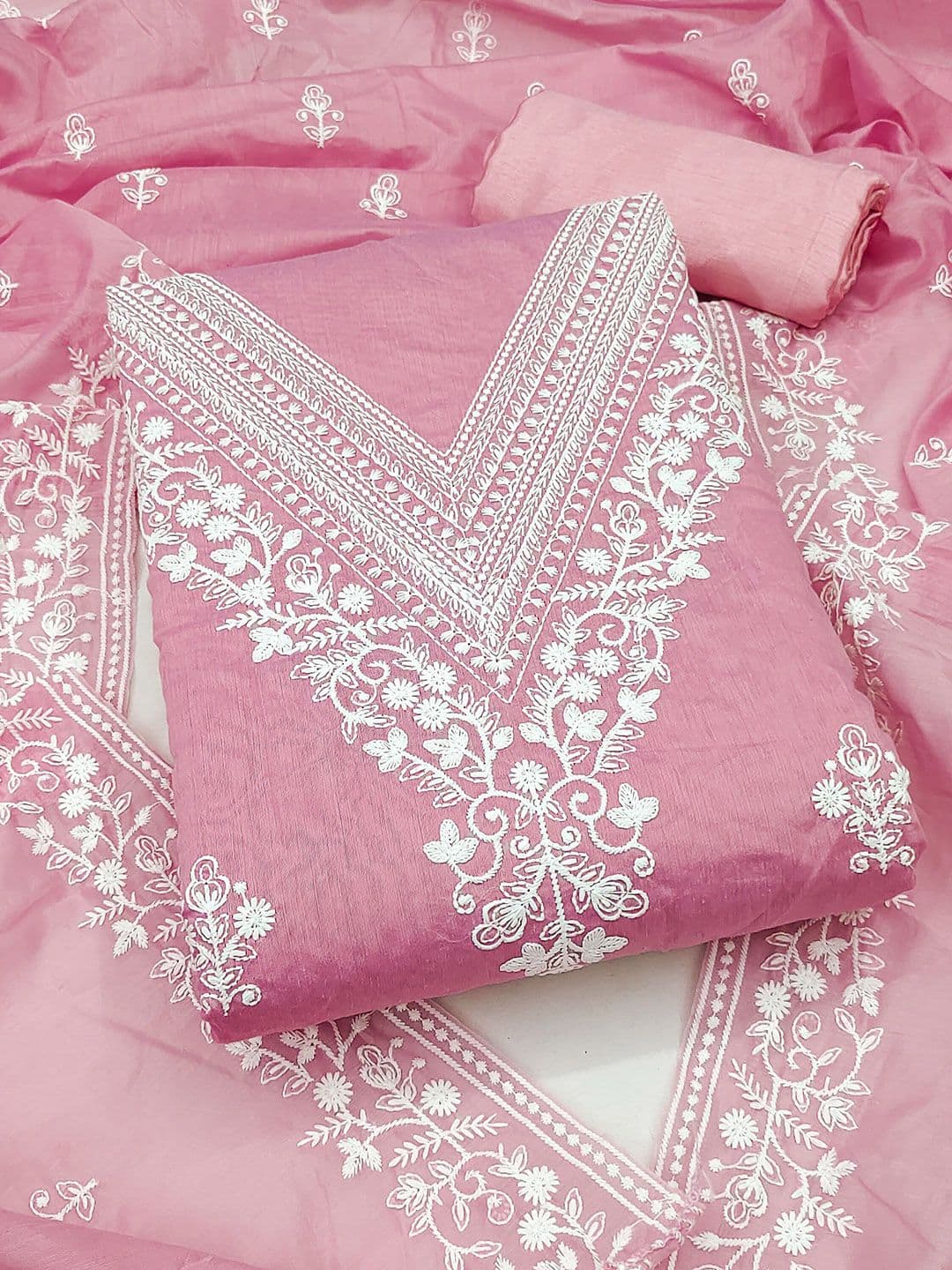 MANVAA Floral Embroidery Thread Work Chanderi Cotton Unstitched Dress Material - view 1