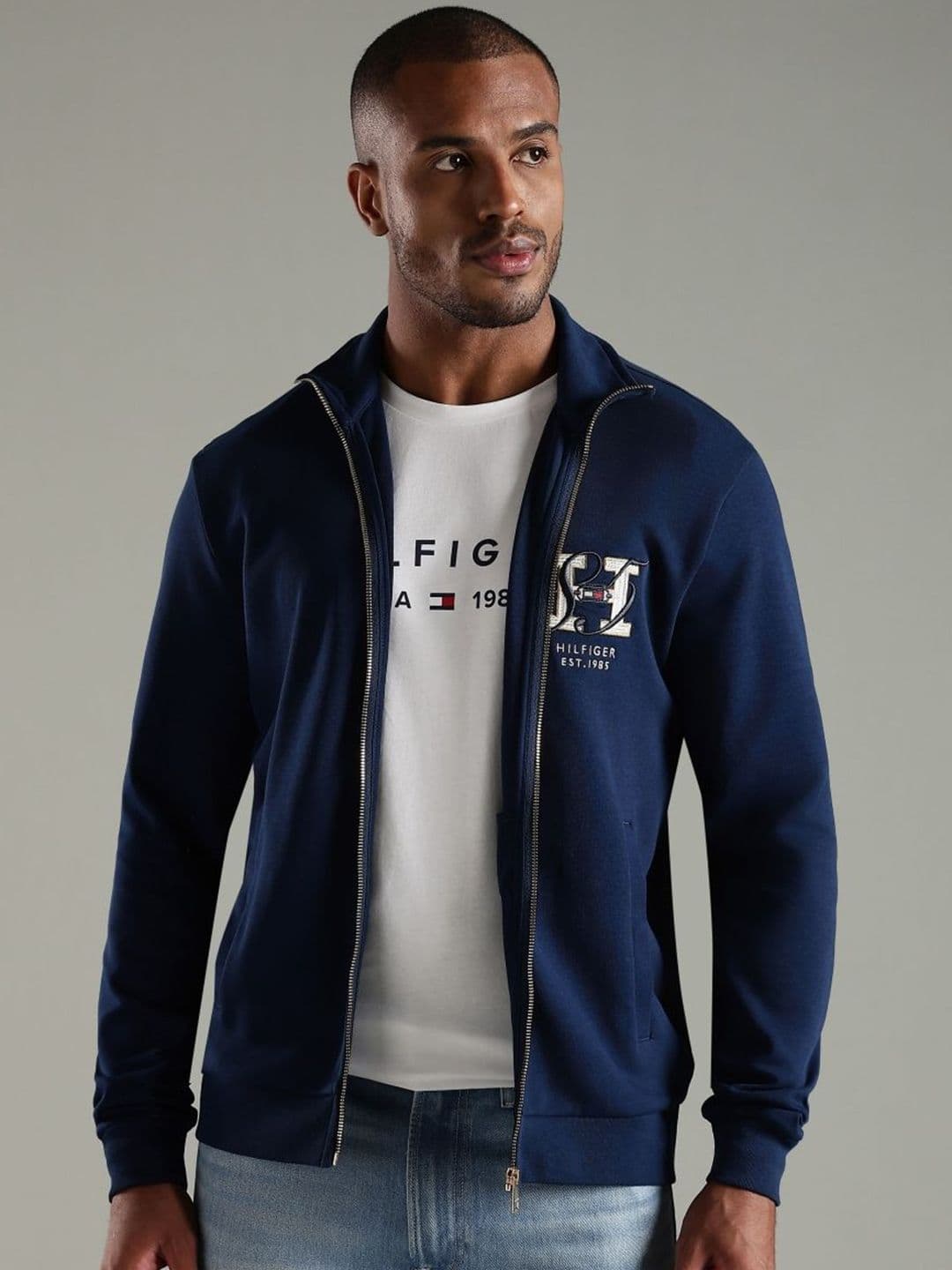 Tommy Hilfiger Men Brand Logo Printed Mock Collar Bomber Jacket - view 1