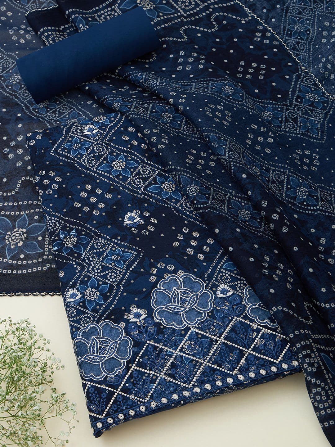 Soch Bandhani Printed Sequinned Unstitched Dress Material - view 1
