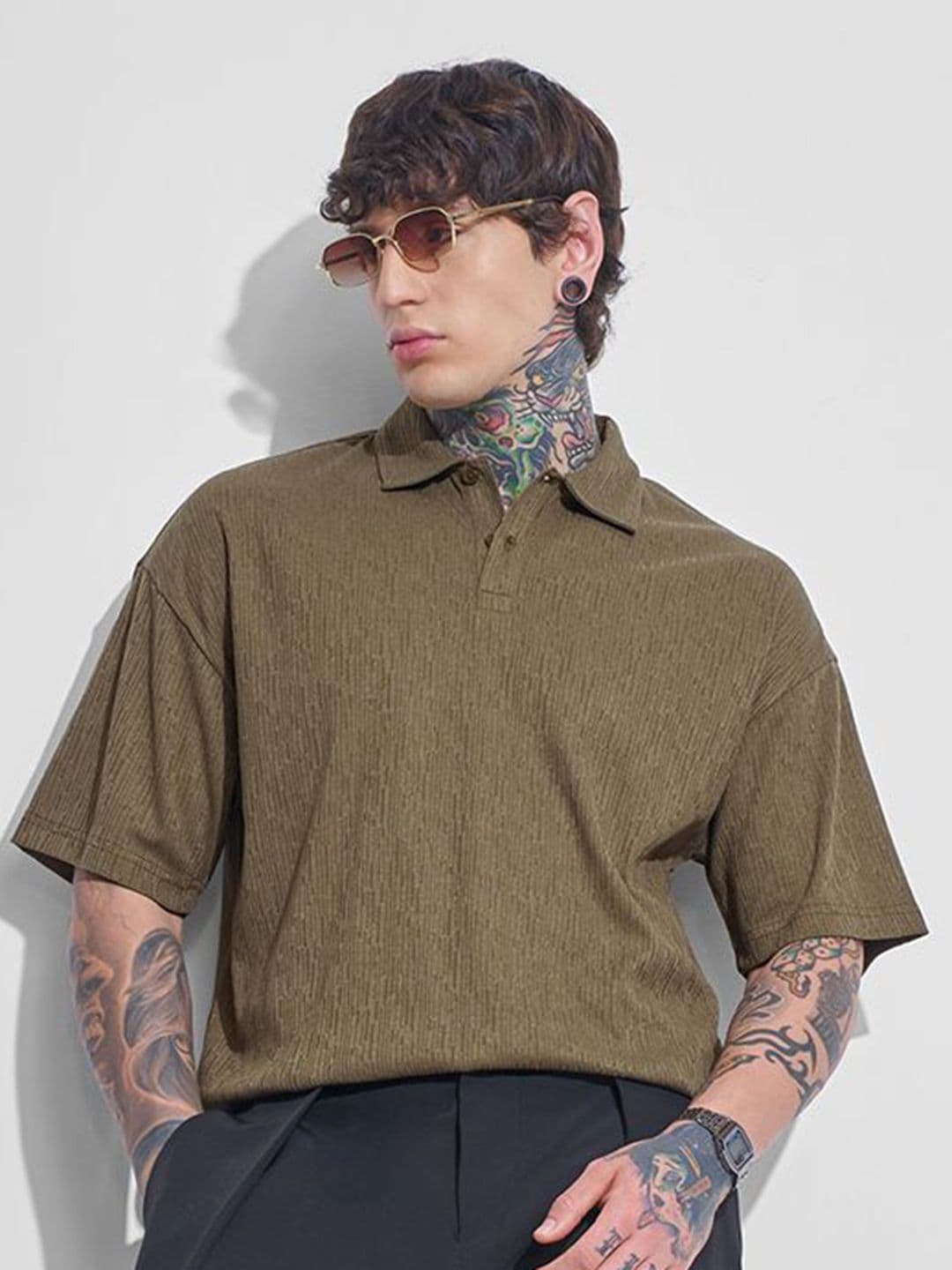 HIGHLANDER Men Self Design Polo Collar Oversized T-shirt - view 1