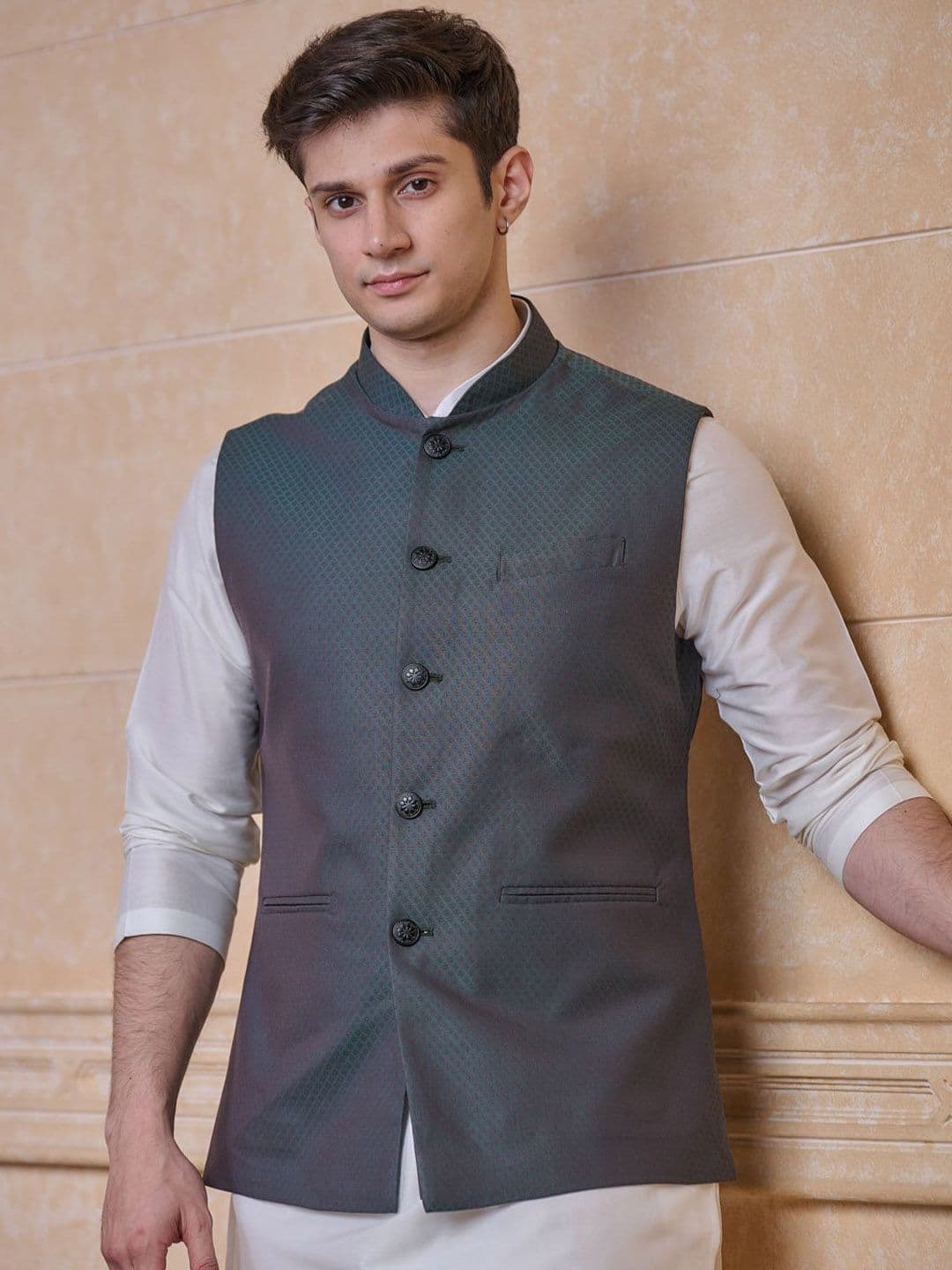 Tasva Checked Woven Design Nehru Jacket - view 1