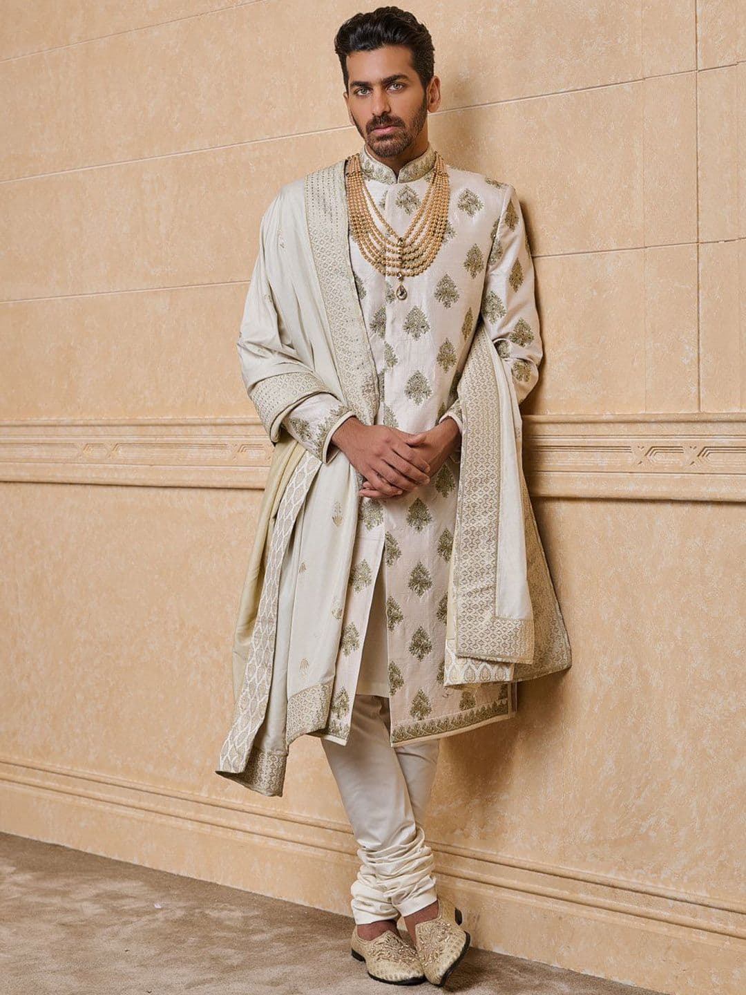 Tasva Floral Embroidered Pure Silk Sherwani Set - view 1