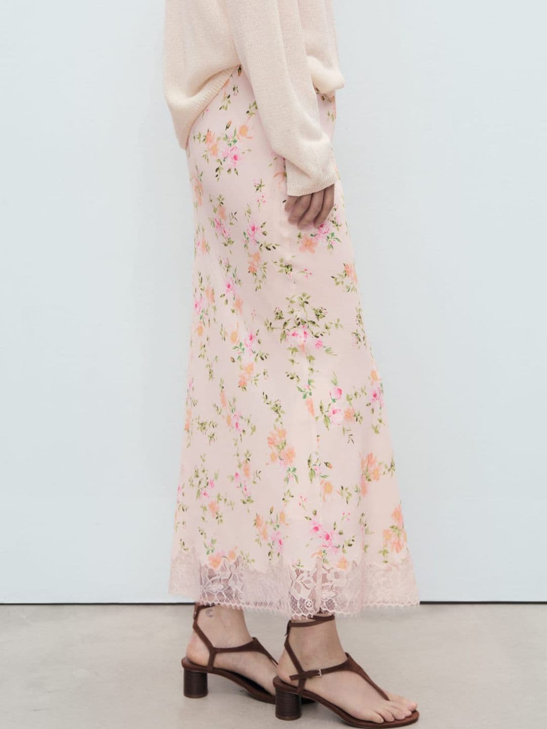 MANGO Floral Printed Lace Inserts Midi Flared Skirt - view 1
