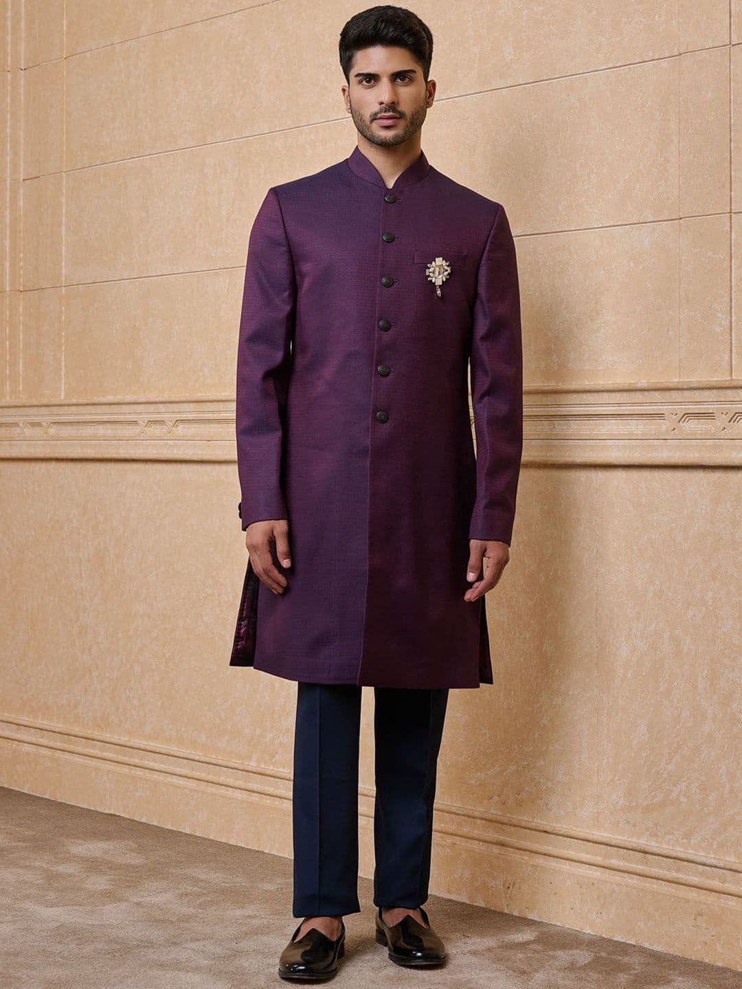 Tasva Self Design Mandarin Collar Classic Indo Western Sherwani Set - view 1