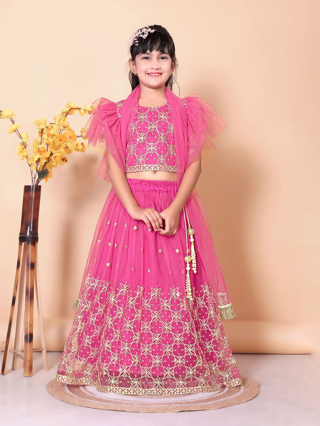 BAESD Girls Embroidered Thread Work Ready To Wear Net Lehenga & Blouse With Dupatta - view 1