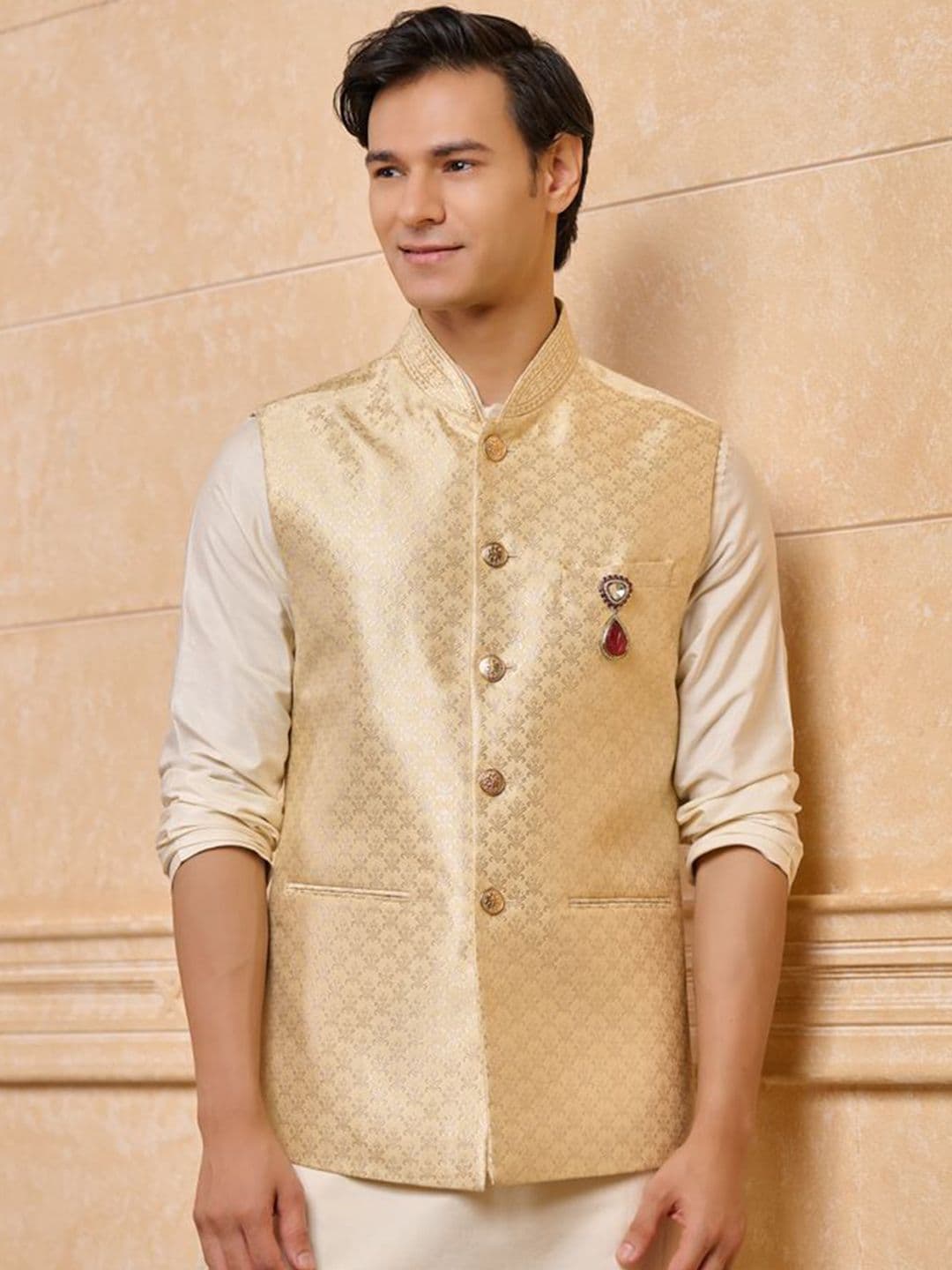 Tasva Printed Brocade Woven Nehru Jacket - view 1