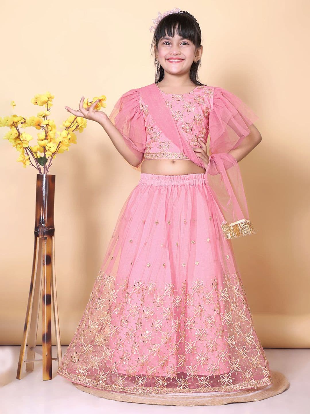 BAESD Girls Embroidered Thread Work Ready To Wear Net Lehenga & Blouse With Dupatta - view 1