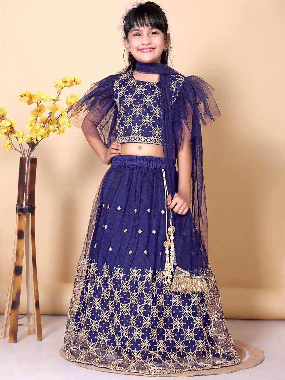 satyamfab Girls Embroidered Thread Work Ready To Wear Net Lehenga & Blouse With Dupatta - view 1