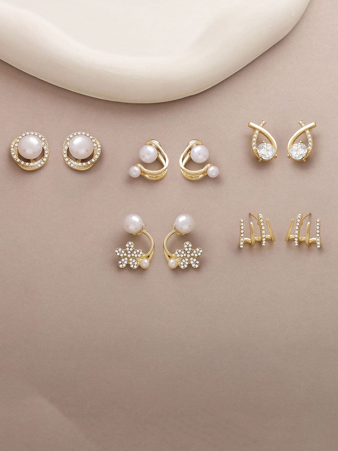 Estailo fashion Set Of 5 Artificial Stones Studded & Pearls Beaded Spherical Studs - view 1