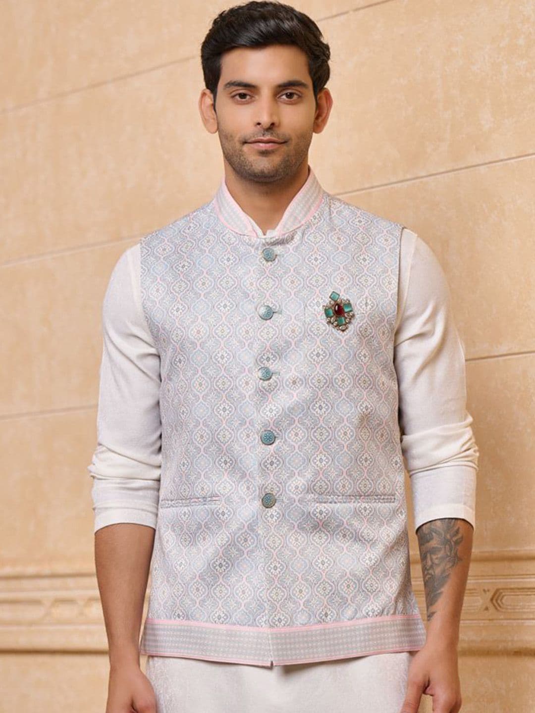 Tasva Printed Ethnic Motifs Woven Design Nehru Jacket - view 1