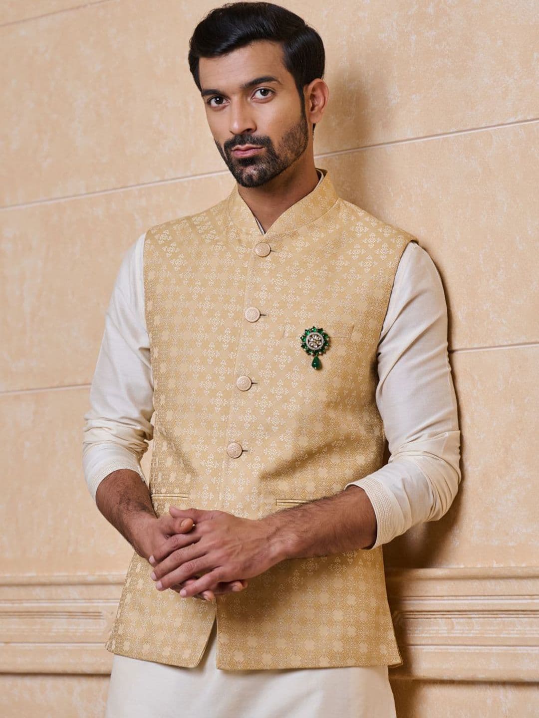 Tasva Printed Brocade Woven Nehru Jacket - view 1
