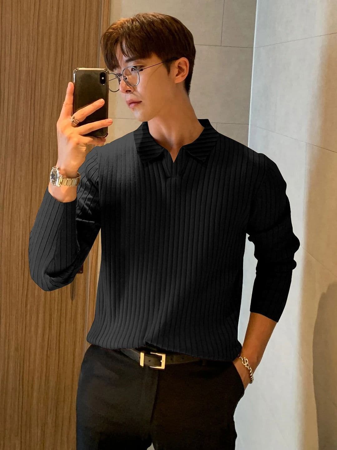 KAJARU Striped Ribbed Polo Collar Long Sleeves T-Shirt - view 1