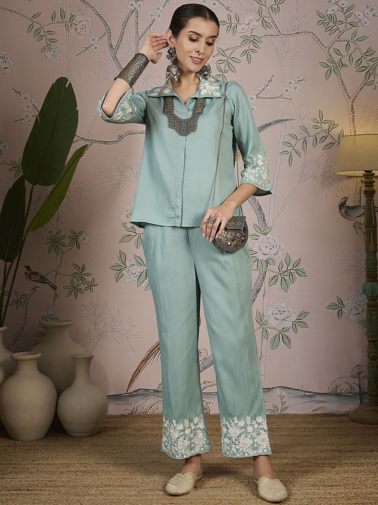 Sangria Floral Embroidered Shirt & Trousers Co-Ords - view 1