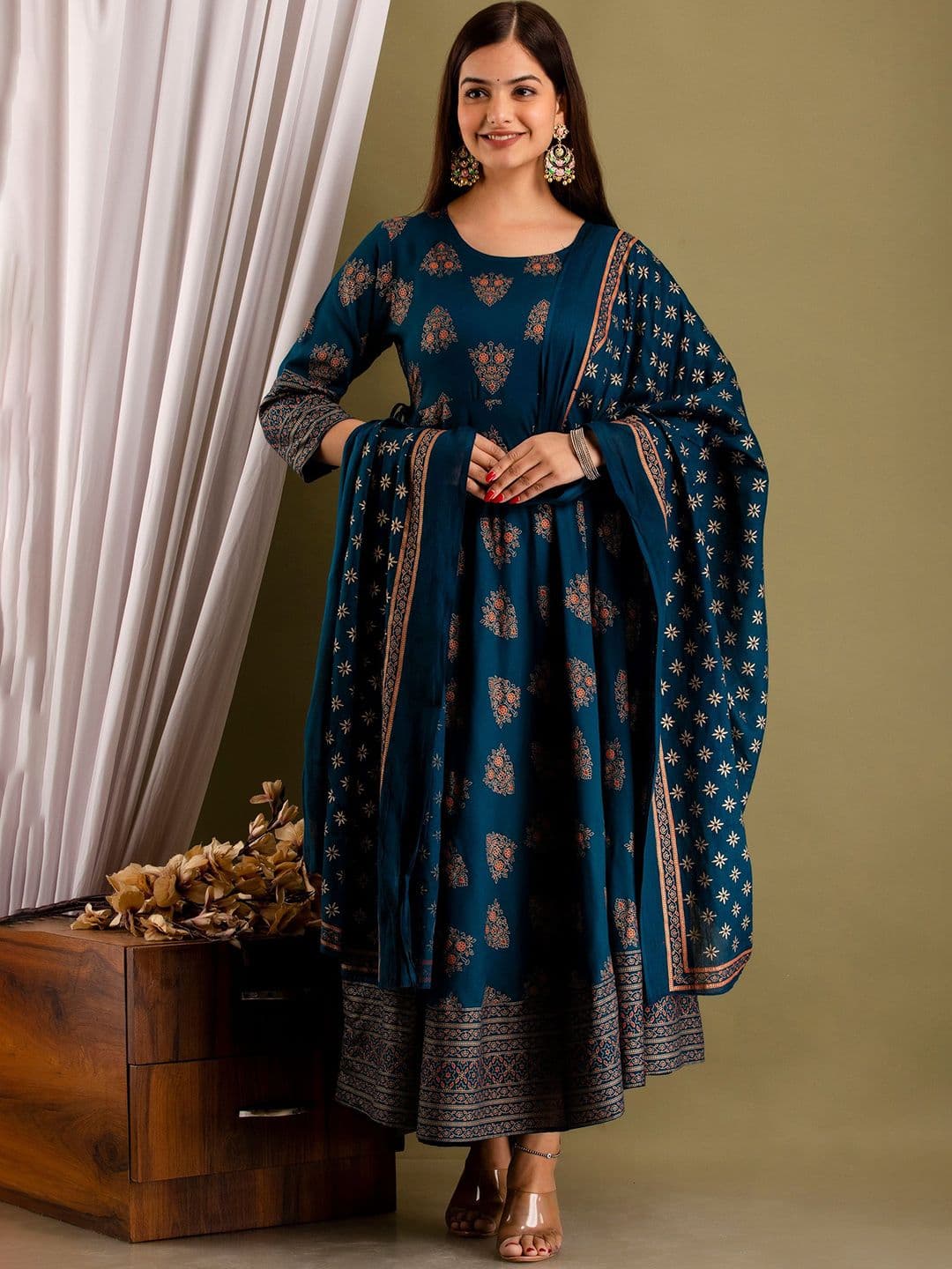 Bunkari Printed Pure Cotton Fit And Flare Ethnic Dresses With Dupatta - view 1