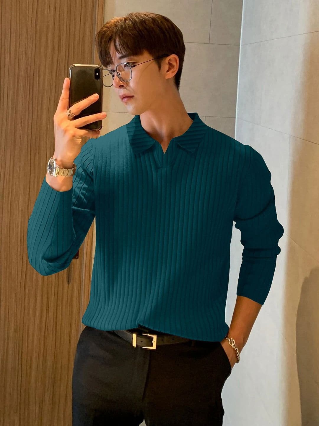 KAJARU Striped Ribbed Polo Collar Long Sleeves T-Shirt - view 1