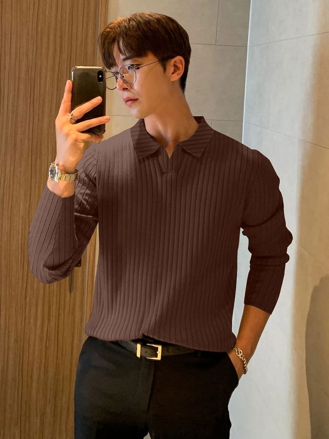 KAJARU Striped Ribbed Polo Collar Long Sleeves T-Shirt - view 1