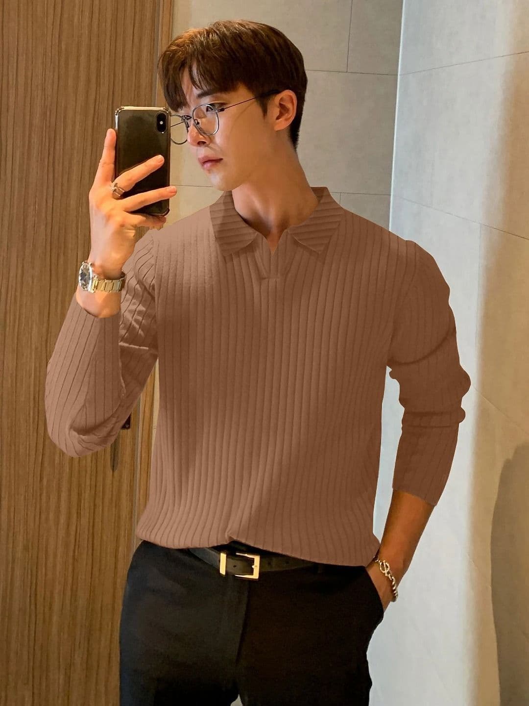 KAJARU Striped Ribbed Polo Collar Long Sleeves T-Shirt - view 1